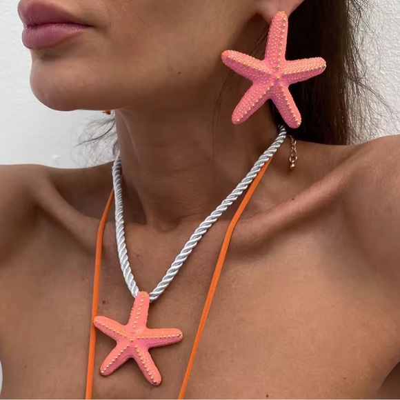 Starfish Pink Coral Earrings Necklace Set - Picture 1 of 6